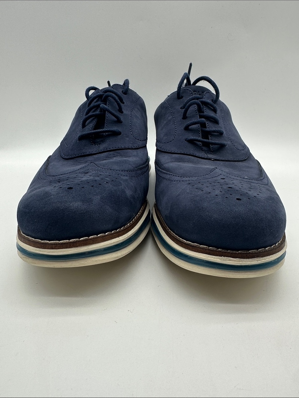 Cole Haan Original Grand Navy Nubuck Wingtip Oxfords with Blue Sole Accents - Picture 2 of 9